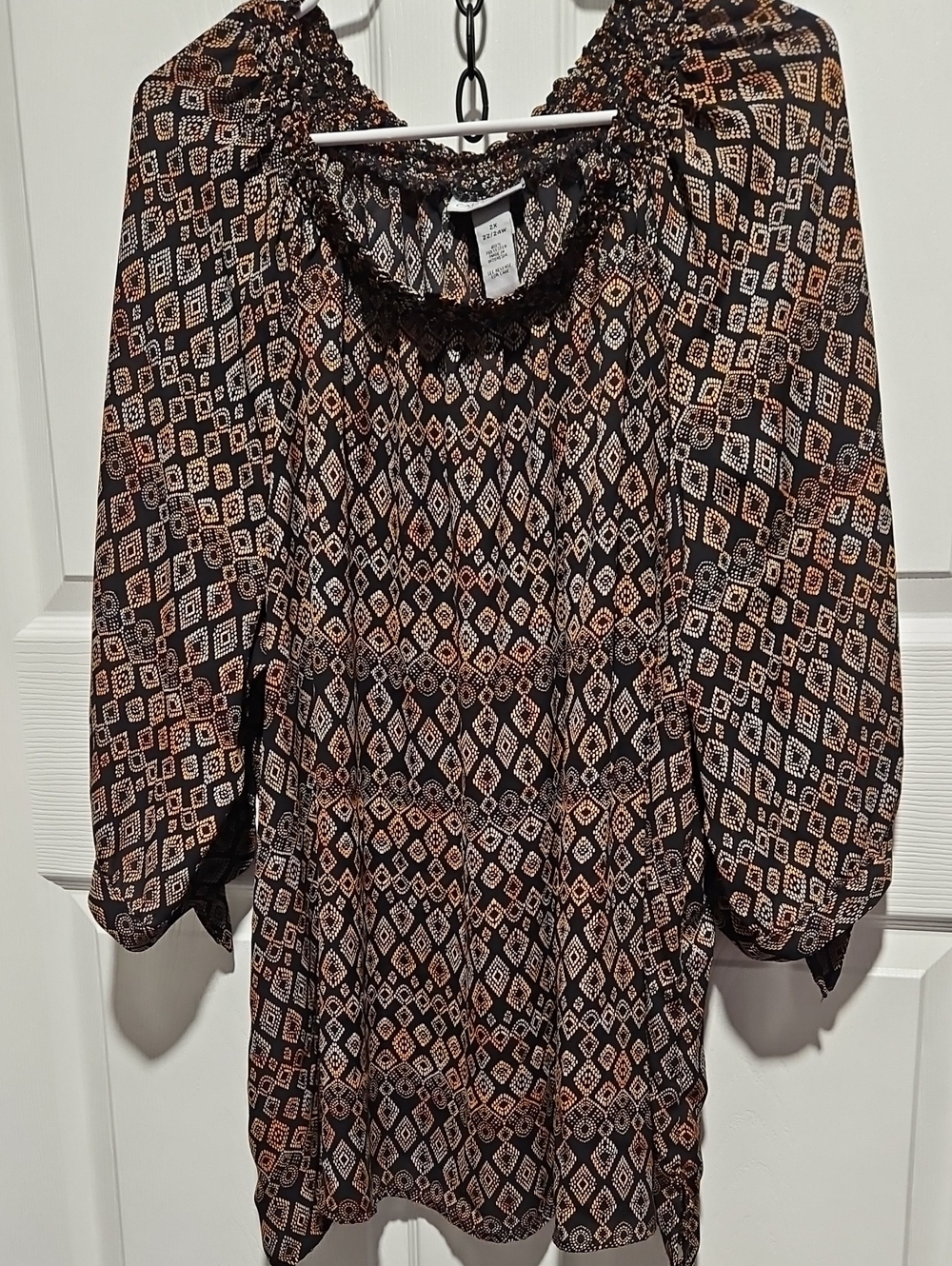 Black Top with Tan Geometric Print
